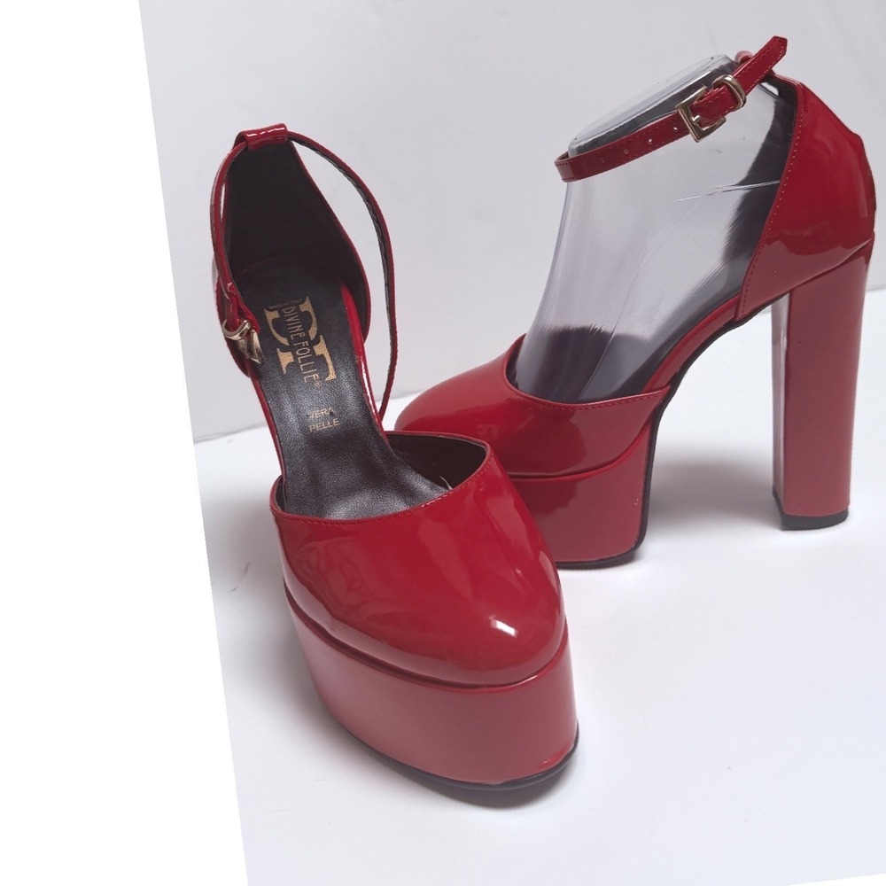 LN Divine Follie Red Patent Leather Platform Pumps Made in Italy Ankle Strap 37 - Picture 2 of 9
